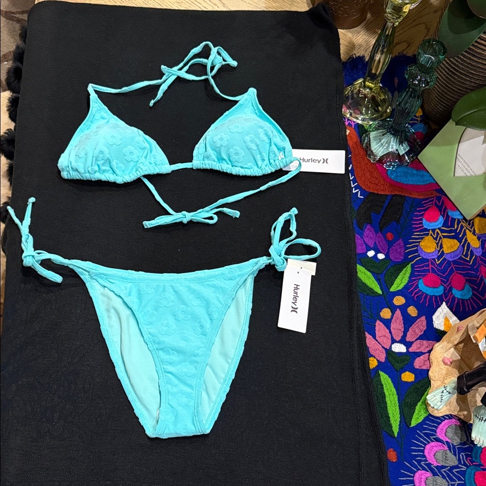 Hurley Teal Floral String Bikini Top